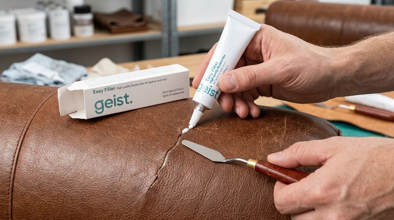 Bőrjavító készlet alapdarabja: Easy Filler folyékony bőr felnyomása egy barna bőrkanapé karfájának repedésébe