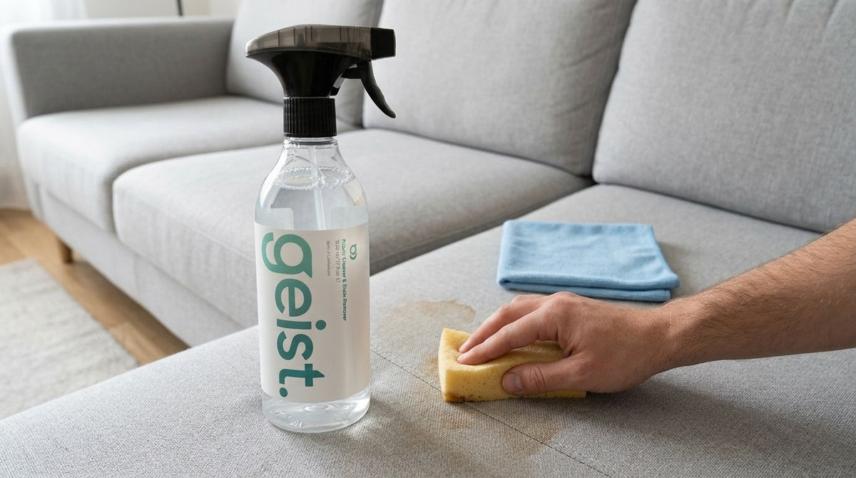 Kárpittisztítás házilag: szürke szövet kanapé ülőpárnájának tisztítása nedves szivaccsal, mellette a Geist Szövet & Alcantara tisztító spray