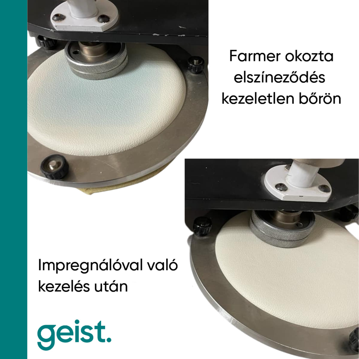 Geist bőr impregnáló 500 ml - Farmer okozta elszíneződések használat előtt és után - Geist
